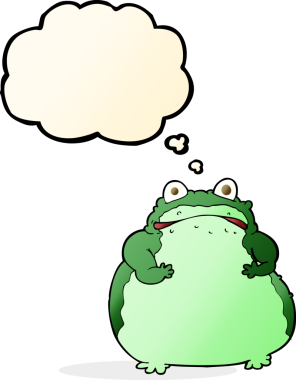 Bir insan tarafından çizilmiş düşünce baloncuklu şişman kurbağa.