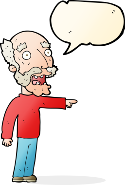 Çizgi film korkak yaşlı adam bir insan tarafından çizilmiş konuşma balonuyla işaret ediyor.