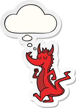 Düşünce baloncuklu şirin ejderha insan tarafından çizilmiş bir çıkartma.