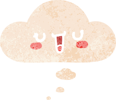 Mutlu çizgi film yüzü, insan tarafından çizilmiş grunge dertli retro tarzı ile düşünce baloncuğu