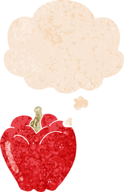 Düşünce baloncuklu karikatür biberi grunge sıkıntılı retro desenli bir insan tarafından çizilmiş