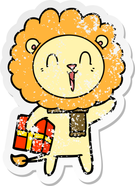 Bir insan tarafından çizilmiş, gülen bir aslan çizgi filminin kederli çıkartması.