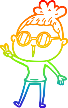 Bir insan tarafından çizilmiş gözlük takan bir karikatür kadının çizimi.