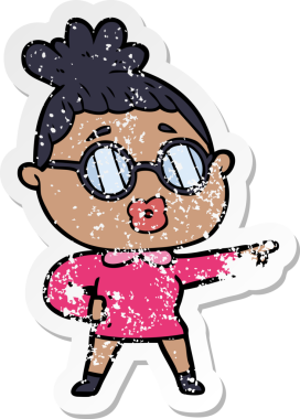 Bir insan tarafından çizilmiş gözlüklü bir kadının karikatür çıkartması.