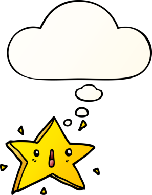 Bir insan tarafından çizilmiş yumuşak eğimli düşünce baloncuğu ile sevimli çizgi film yıldızı