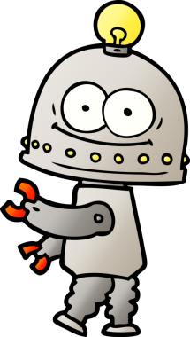 Bir insan tarafından çizilmiş ampullü mutlu karton robot.