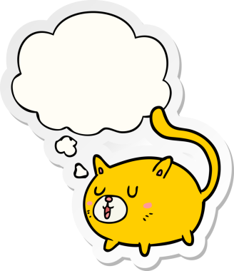 Düşünce baloncuklu çizgi film mutlu kedi bir insan tarafından çizilmiş çıkartma