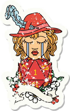 Bir insan tarafından çizilmiş doğal 1 D20 rulo ile ağlayan bir insan ozanın grunge çıkartması.