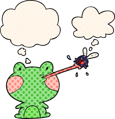 Çizgi roman tarzında bir insan tarafından çizilmiş düşünce balonuyla sinek yakalayan kurbağa.