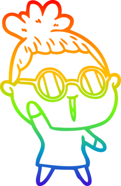 Bir insan tarafından çizilmiş gözlük takan bir karikatür kadının çizimi.