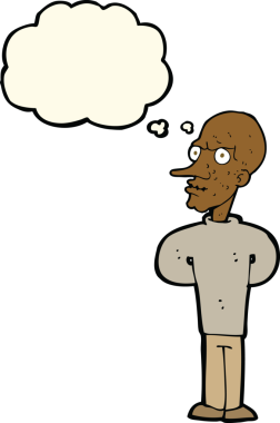 Bir insan tarafından çizilmiş düşünce balonlu kötü kel adam çizgi filmi.