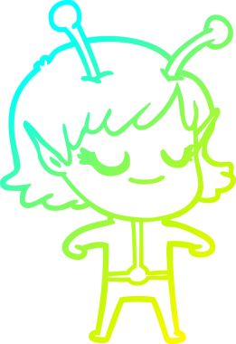 Bir insan tarafından çizilmiş gülümseyen uzaylı kız çizgi filmi.