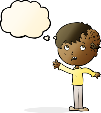 Kafasında bir insan tarafından çizilmiş düşünce balonuyla büyüyen çizgi film çocuğu.