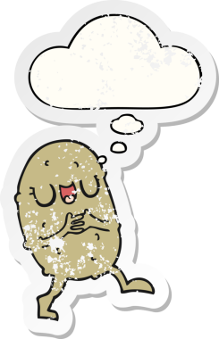 Düşünce baloncuğu olan mutlu patates çizgi filmi insan tarafından çizilmiş yıpranmış bir çıkartma gibi.