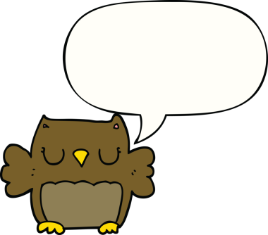 Bir insan tarafından çizilmiş konuşma baloncuğu olan sevimli çizgi film baykuşu.