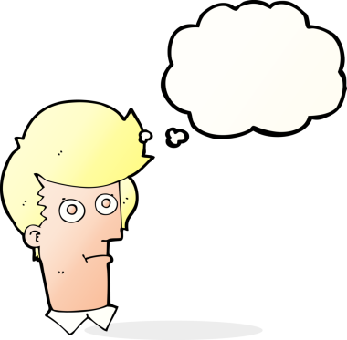 Bir insan tarafından çizilmiş düşünce baloncuğuyla dik dik bakan çizgi film.