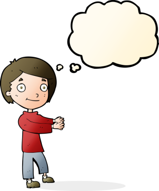 Bir insan tarafından çizilmiş düşünce balonu olan mutlu çocuk çizgi filmi.