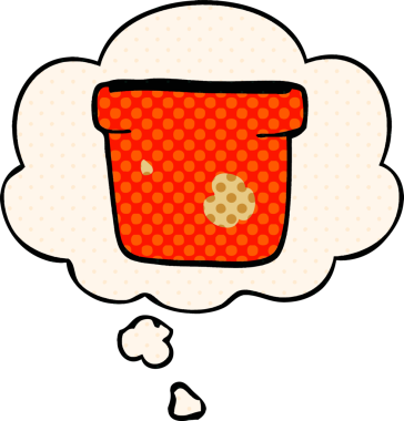 Bir insan tarafından çizilmiş, düşünce baloncuklu çizgi film saksısı.