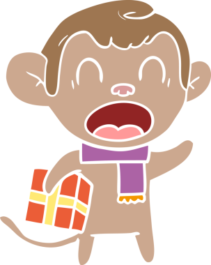 Bir insan tarafından çizilmiş Noel hediyesini taşıyan düz renkli çizgi film maymunu.