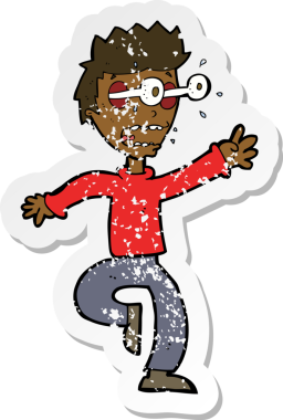 Bir karikatürün gerilimli çıkartması. Dehşete düşmüş bir adam. Gözleri bir insan tarafından çıkarılmış.