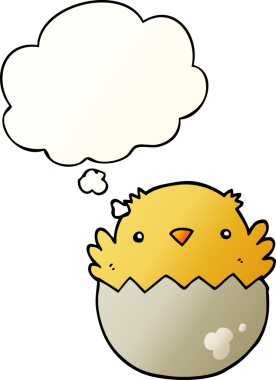 Karikatür civcivi yumurtadan çıkıyor. Düşünce baloncuğu bir insan tarafından çizilmiş.