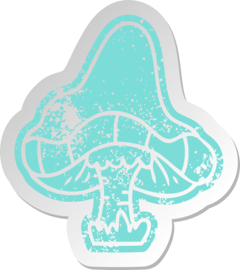 Bir insan tarafından çizilmiş tek bir mantarın sıkıntılı eski çizgi film çıkartması.