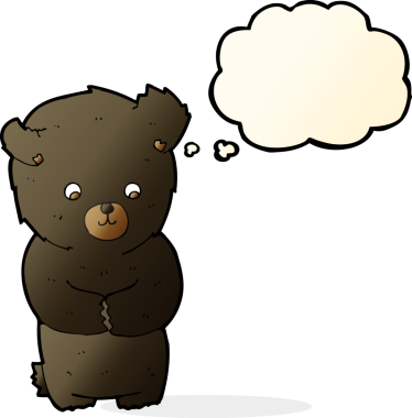 Bir insan tarafından çizilmiş düşünce baloncuğu olan sevimli çizgi film kara ayısı.