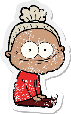 Bir insan tarafından çizilmiş mutlu, yaşlı bir kadının sıkıntılı çıkartması.