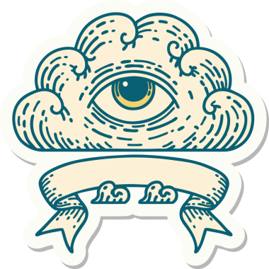 Bir insan tarafından çizilmiş her şeyi gören bir göz bulutu dövmesi stili çıkartması