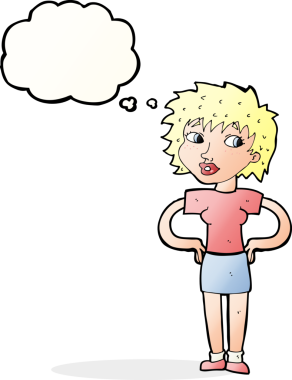 Bir insan tarafından çizilmiş düşünce baloncuğu olan elleri kalçasında çizgi film kadını.