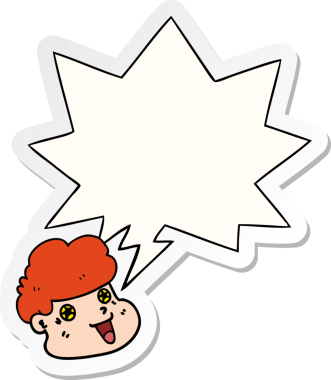 Bir insan tarafından çizilmiş konuşma balonu çıkartmalı çizgi film çocuğunun yüzü.