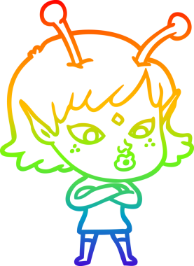 Gökkuşağı gradyan çizgisi bir insan tarafından çizilmiş güzel bir uzaylı kızın çizimi.