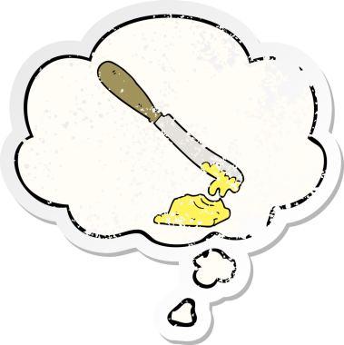 Çizgi film bıçağı, insan tarafından çizilmiş yıpranmış bir çıkartma gibi düşünce baloncuğuyla tereyağı yayıyor.