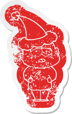 Bir insan tarafından çizilmiş Noel Baba şapkası giyen yorgun ve kel bir adamın garip karikatürü.