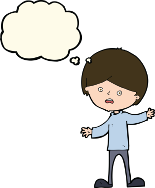 Bir insan tarafından çizilmiş düşünce baloncuğu olan mutsuz bir çocuk.