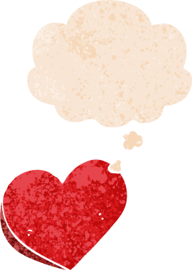 Düşünce baloncuklu karikatür aşk kalbi bir insan tarafından çizilmiş dertli retro stil