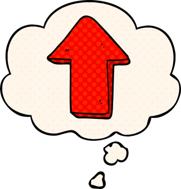 Bir insan tarafından çizilmiş çizgi roman tarzında düşünce baloncuklu ok gösteren çizgi film.