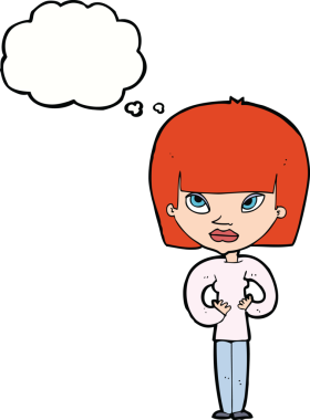 Bir insan tarafından çizilmiş düşünce baloncuğuyla kendine jest yapan karikatür kadın.