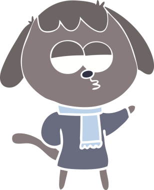 Düz renkli çizgi film. Yorgun köpek, bir insan tarafından çizilmiş kışlık elbiseler giyiyor.