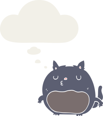 Düşünce baloncuğu olan çizgi film kedisi insan tarafından çizilmiş.