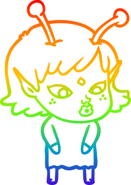 Gökkuşağı gradyan çizgisi bir insan tarafından çizilmiş güzel bir uzaylı kızın çizimi.