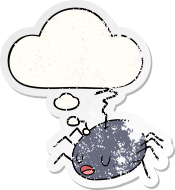 Düşünce baloncuğu olan çizgi film örümceği insan tarafından çizilmiş yıpranmış bir çıkartma.