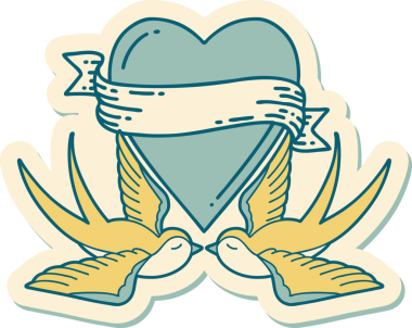 Geleneksel kırlangıç stili dövme çıkartması ve bir insan tarafından çizilmiş sancaklı bir kalp.