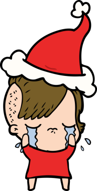 Bir insan tarafından çizilmiş Noel Baba şapkası takan ağlayan bir kızın el çizimi.