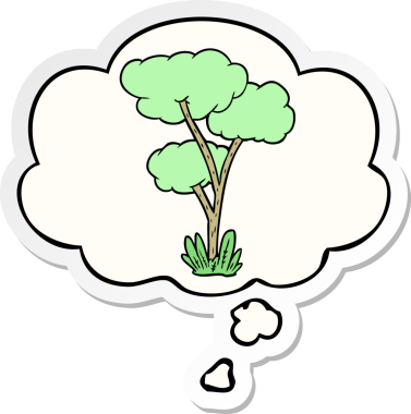 Düşünce baloncuğu insan tarafından çizilmiş bir çıkartma olan çizgi film ağacı.