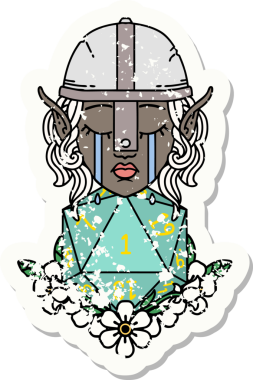 Retro Tattoo Tarzı Üzgün Elf Savaşçısı Karakteri Bir insan tarafından çizilmiş d20 ruloyla