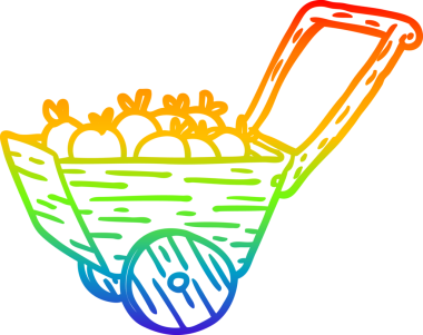 Bir insan tarafından çizilmiş taze elmalarla dolu bir arabanın çizimi.