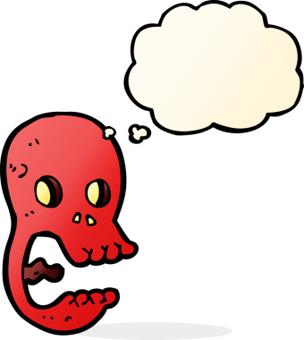 Bir insan tarafından çizilmiş düşünce baloncuklu komik bir kafatası.