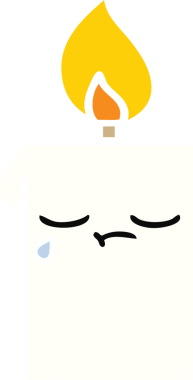 Bir insan tarafından çizilmiş yanan bir mumun düz renkli retro karikatürü