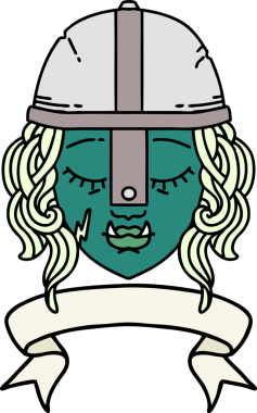 Retro Dövme Biçimli Ork savaşçı yüzü bir insan tarafından çizilmiş pankartıyla